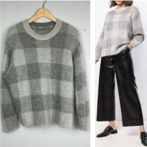 Vince Gray Plaid Alpaca Mohair Blend Crewneck Slouchy Sweater Size XS Cozy Fall
